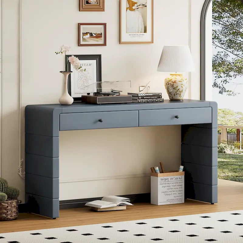 Curved Farmhouse Console Table – Navy / Natural / Distressed Black, 2-Drawer, Rustic Style