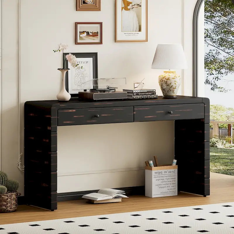 Curved Farmhouse Console Table – Navy / Natural / Distressed Black, 2-Drawer, Rustic Style
