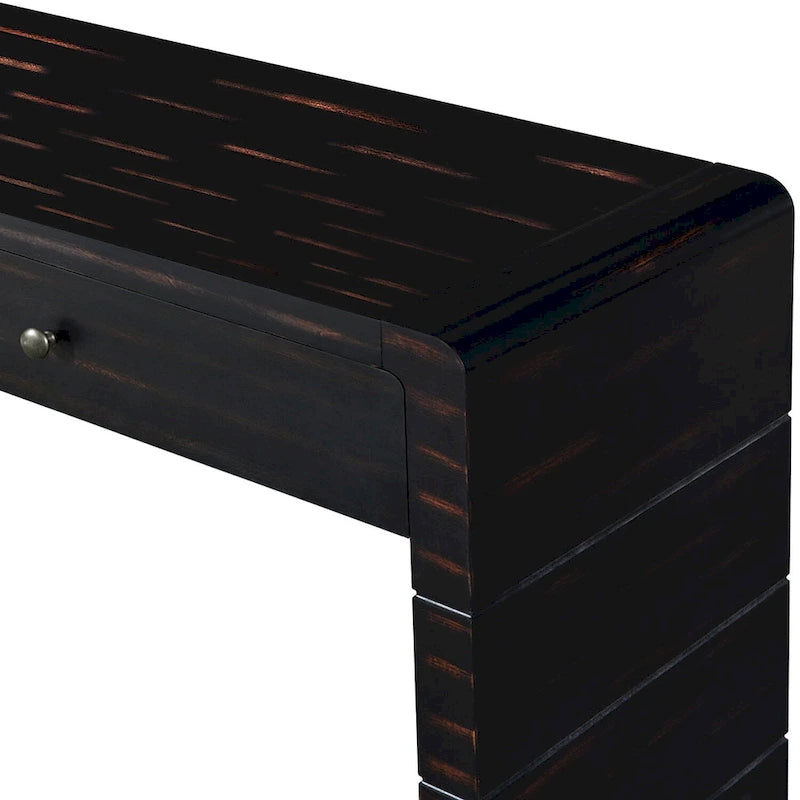 Curved Farmhouse Console Table – Navy / Natural / Distressed Black, 2-Drawer, Rustic Style