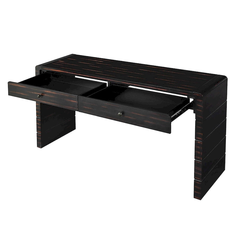 Curved Farmhouse Console Table – Navy / Natural / Distressed Black, 2-Drawer, Rustic Style