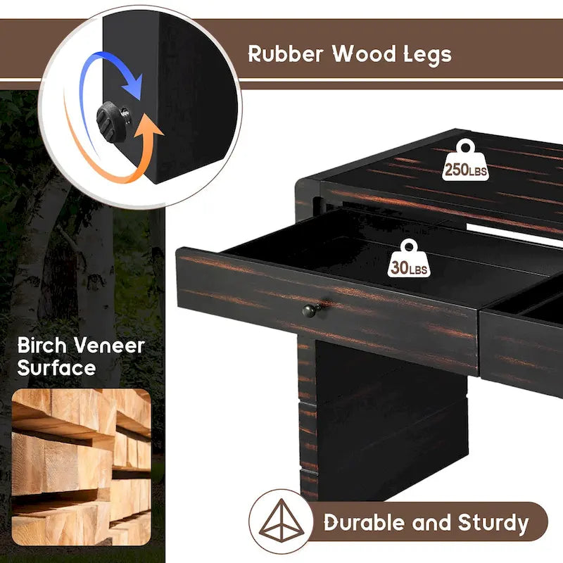 Curved Farmhouse Console Table – Navy / Natural / Distressed Black, 2-Drawer, Rustic Style