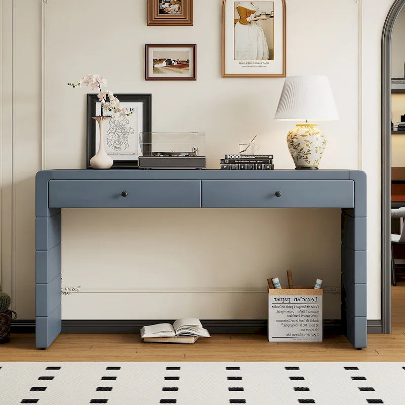 Curved Farmhouse Console Table – Navy / Natural / Distressed Black, 2-Drawer, Rustic Style