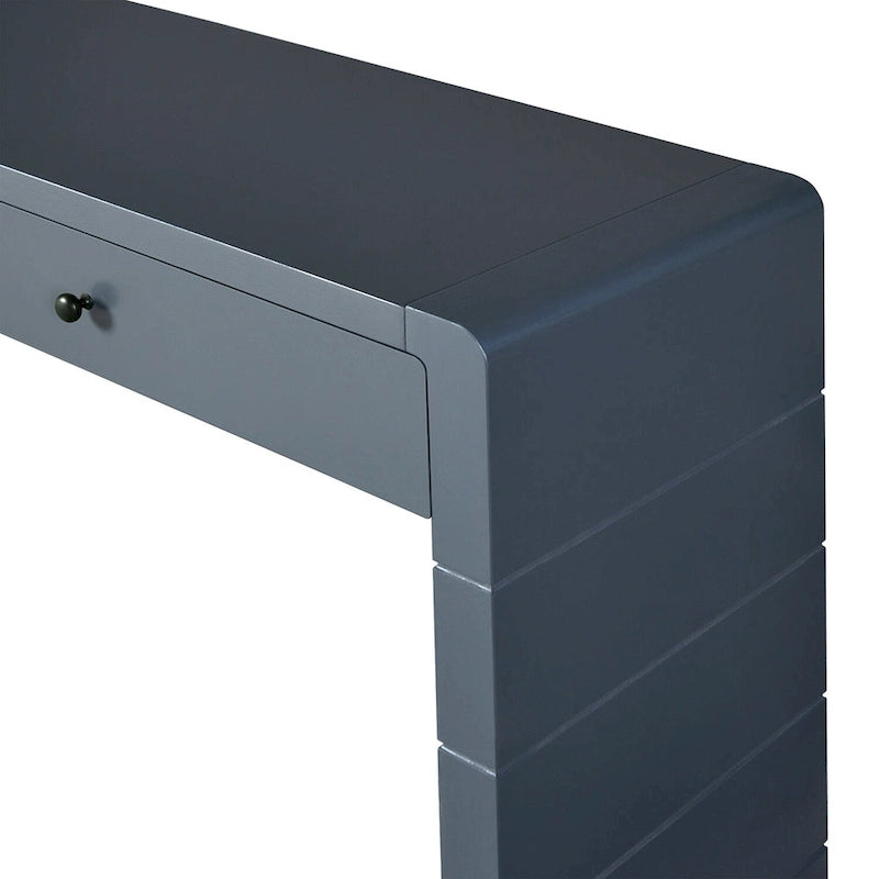 Curved Farmhouse Console Table – Navy / Natural / Distressed Black, 2-Drawer, Rustic Style