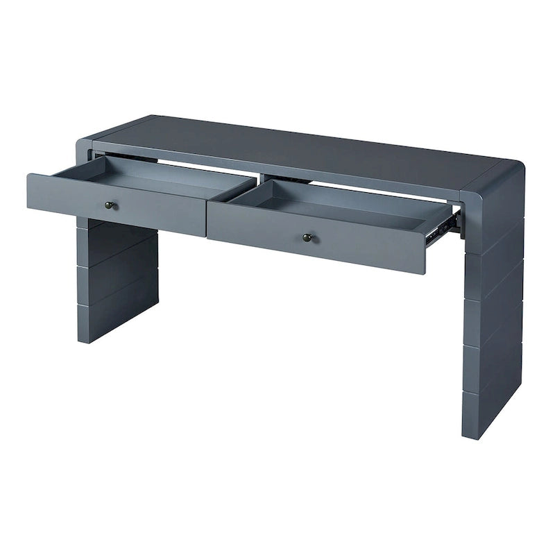 Curved Farmhouse Console Table – Navy / Natural / Distressed Black, 2-Drawer, Rustic Style
