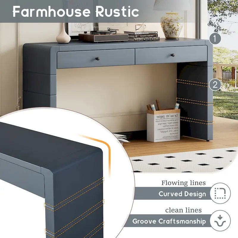 Curved Farmhouse Console Table – Navy / Natural / Distressed Black, 2-Drawer, Rustic Style