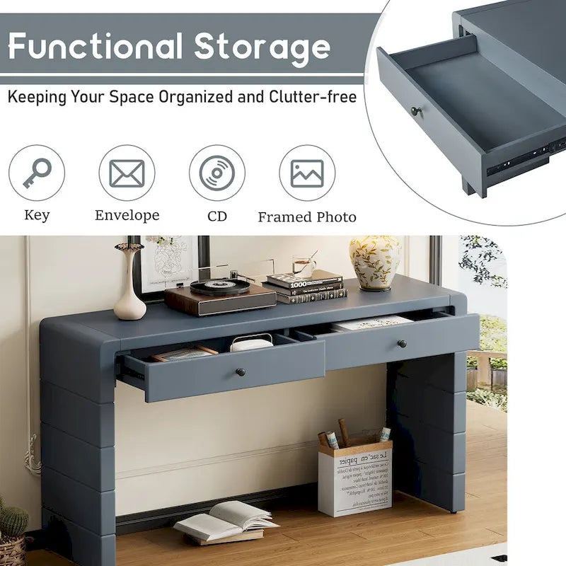 Curved Farmhouse Console Table – Navy / Natural / Distressed Black, 2-Drawer, Rustic Style