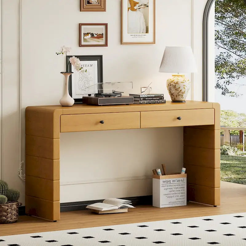 Curved Farmhouse Console Table – Navy / Natural / Distressed Black, 2-Drawer, Rustic Style