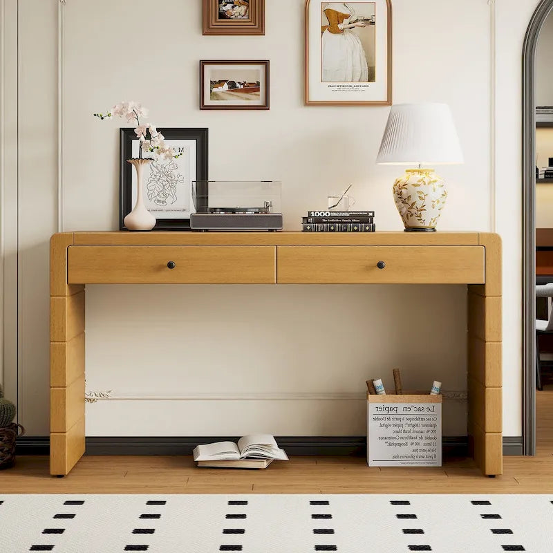 Curved Farmhouse Console Table – Navy / Natural / Distressed Black, 2-Drawer, Rustic Style