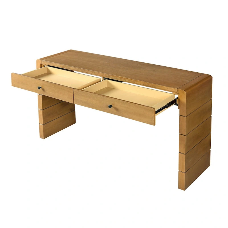 Curved Farmhouse Console Table – Navy / Natural / Distressed Black, 2-Drawer, Rustic Style