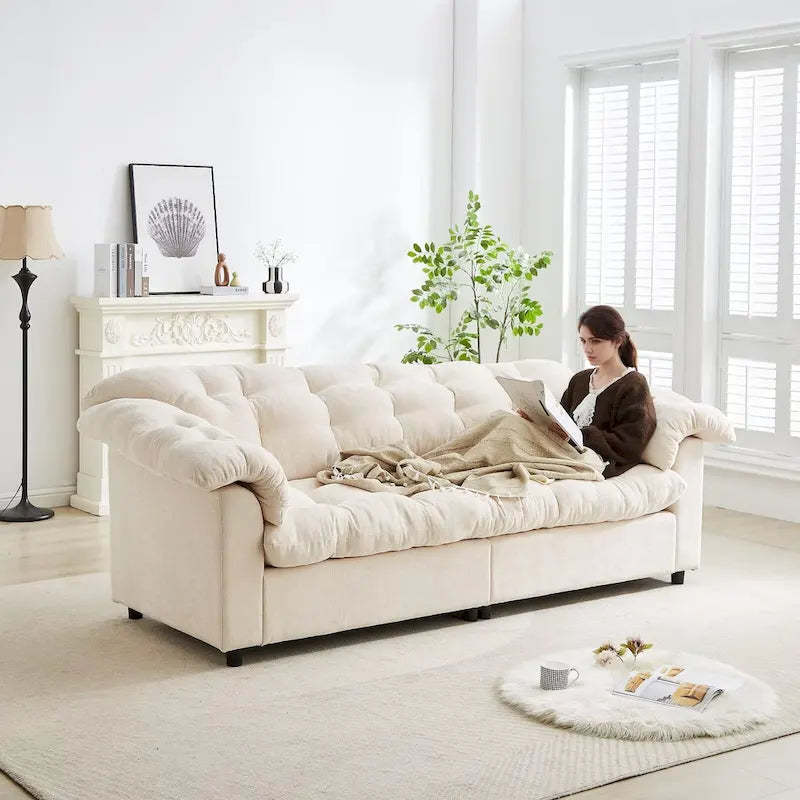 99-Inch Deep Seat Sofa – Yellow / Beige / Grey / Green, Chenille, Solid Wood Frame, Seats 3