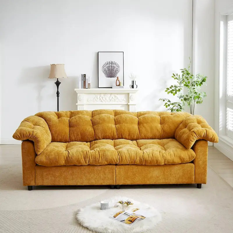 99-Inch Deep Seat Sofa – Yellow / Beige / Grey / Green, Chenille, Solid Wood Frame, Seats 3