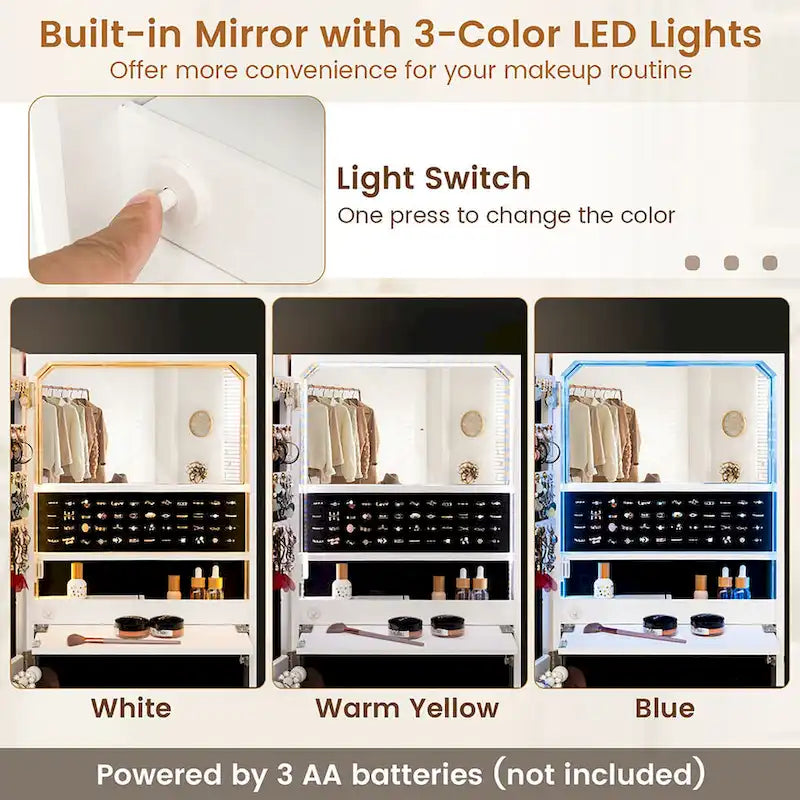 Wall-Mounted Jewelry Cabinet Armoire – White, Full-Length Mirror, LED Lighting, Flip-Down Vanity, Lockable