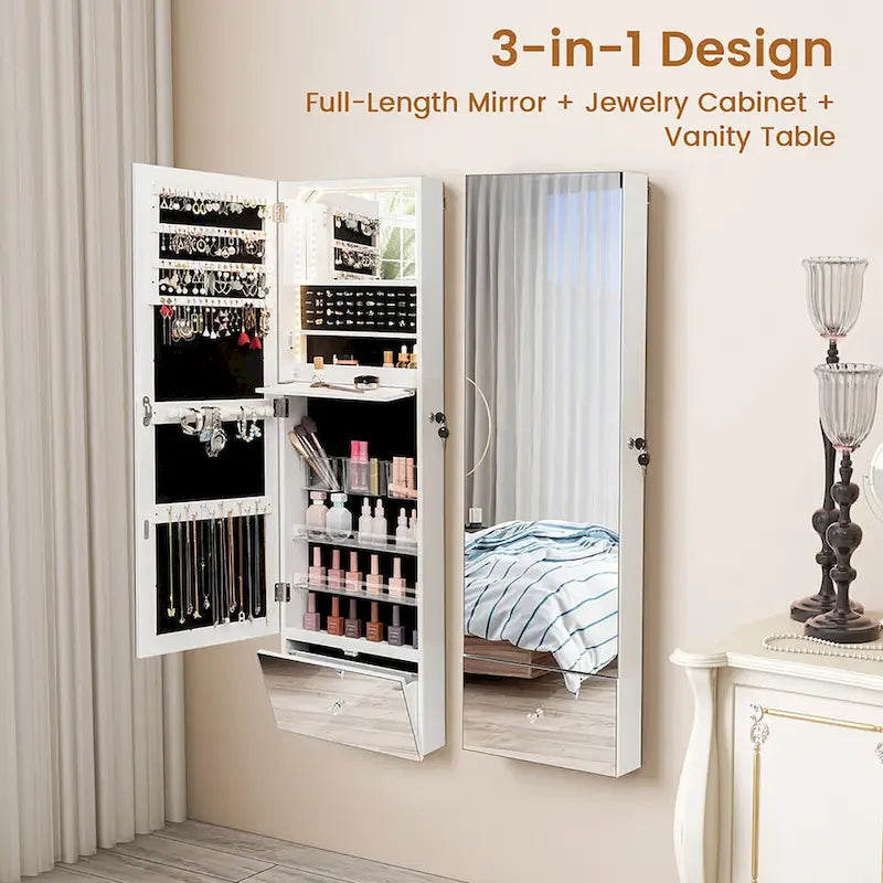 Wall-Mounted Jewelry Cabinet Armoire – White, Full-Length Mirror, LED Lighting, Flip-Down Vanity, Lockable