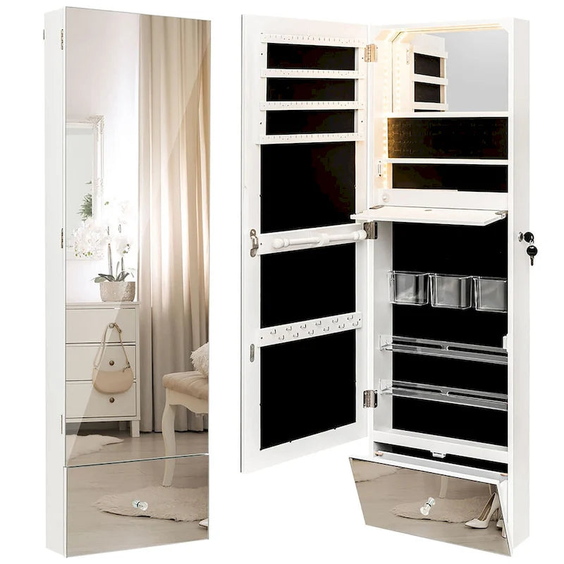 Wall-Mounted Jewelry Cabinet Armoire – White, Full-Length Mirror, LED Lighting, Flip-Down Vanity, Lockable