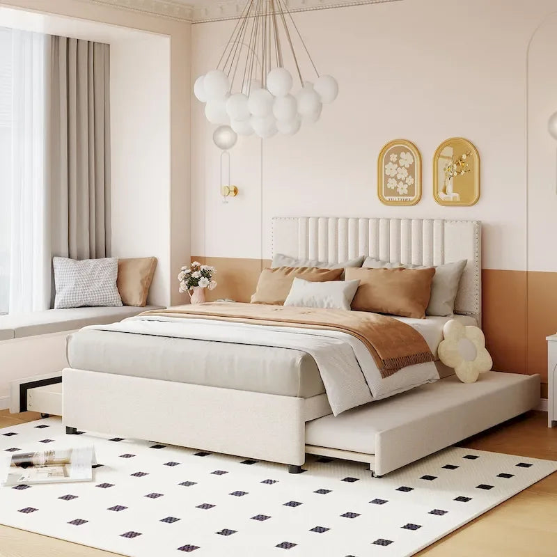 Linen Platform Bed – Gray / Beige, Foam Headboard, 2 Drawers & Trundle, Full / Queen, Sleeps 1
