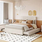 Linen Platform Bed – Gray / Beige, Foam Headboard, 2 Drawers & Trundle, Full / Queen, Sleeps 1