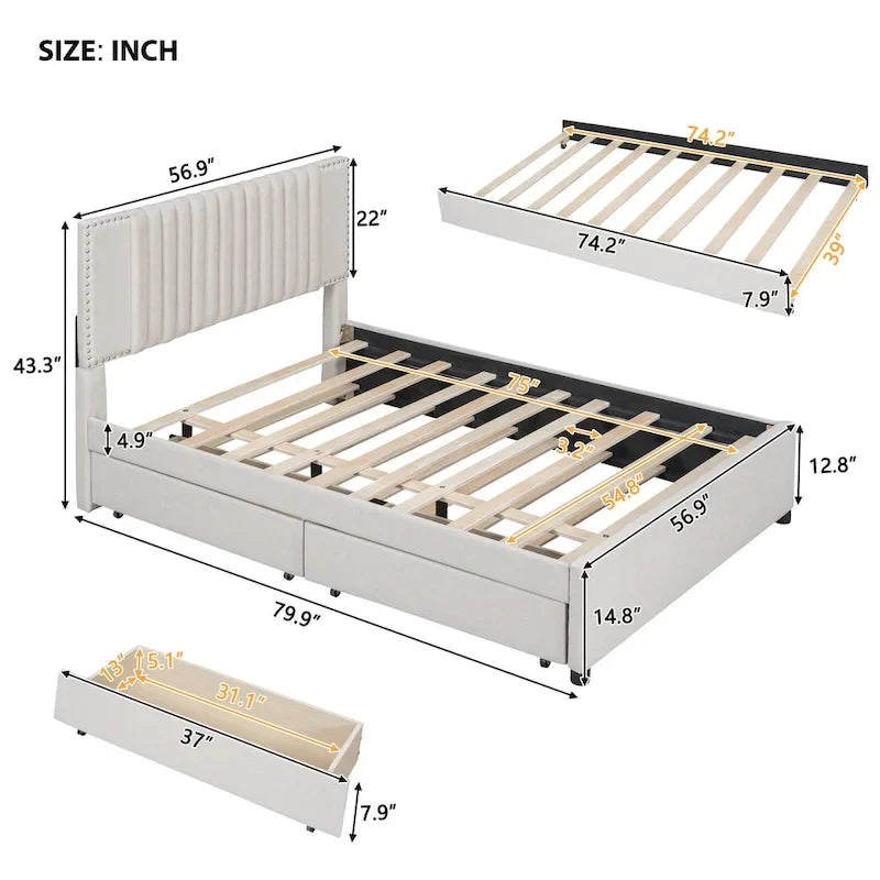 Linen Platform Bed – Gray / Beige, Foam Headboard, 2 Drawers & Trundle, Full / Queen, Sleeps 1