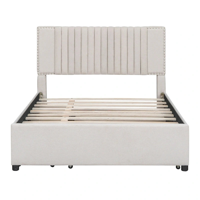 Linen Platform Bed – Gray / Beige, Foam Headboard, 2 Drawers & Trundle, Full / Queen, Sleeps 1