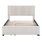 Linen Platform Bed – Gray / Beige, Foam Headboard, 2 Drawers & Trundle, Full / Queen, Sleeps 1