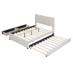 Linen Platform Bed – Gray / Beige, Foam Headboard, 2 Drawers & Trundle, Full / Queen, Sleeps 1