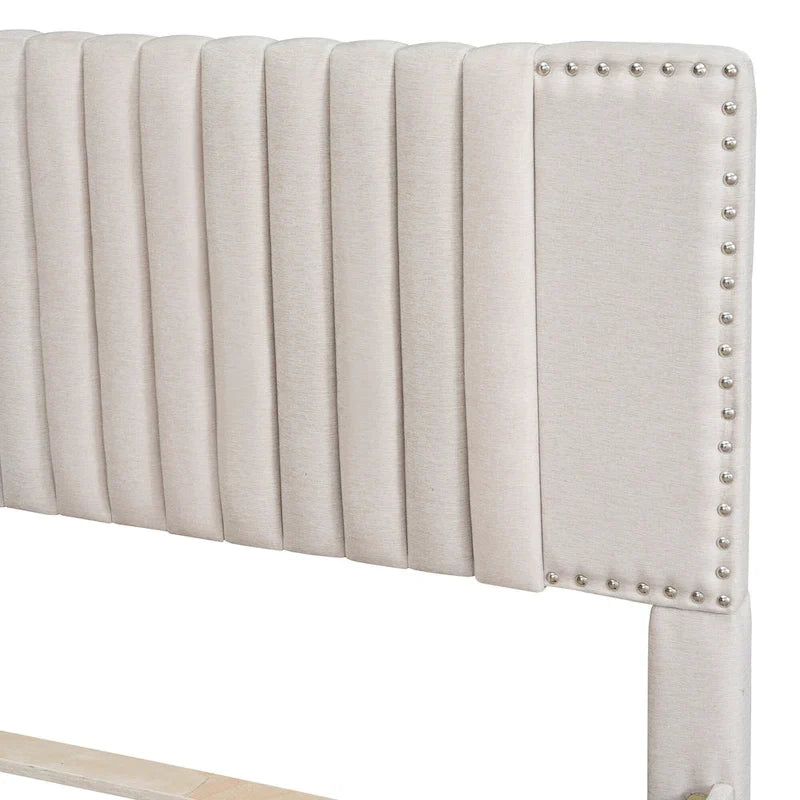 Linen Platform Bed – Gray / Beige, Foam Headboard, 2 Drawers & Trundle, Full / Queen, Sleeps 1