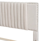 Linen Platform Bed – Gray / Beige, Foam Headboard, 2 Drawers & Trundle, Full / Queen, Sleeps 1