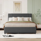 Linen Platform Bed – Gray / Beige, Foam Headboard, 2 Drawers & Trundle, Full / Queen, Sleeps 1