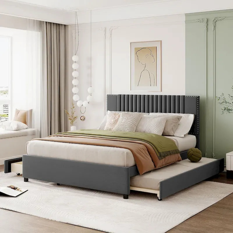 Linen Platform Bed – Gray / Beige, Foam Headboard, 2 Drawers & Trundle, Full / Queen, Sleeps 1