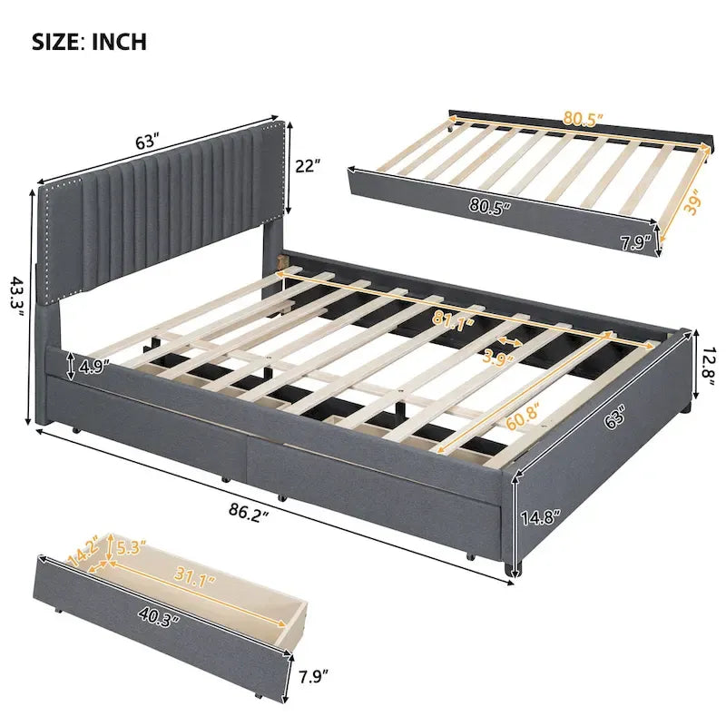 Linen Platform Bed – Gray / Beige, Foam Headboard, 2 Drawers & Trundle, Full / Queen, Sleeps 1