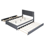 Linen Platform Bed – Gray / Beige, Foam Headboard, 2 Drawers & Trundle, Full / Queen, Sleeps 1