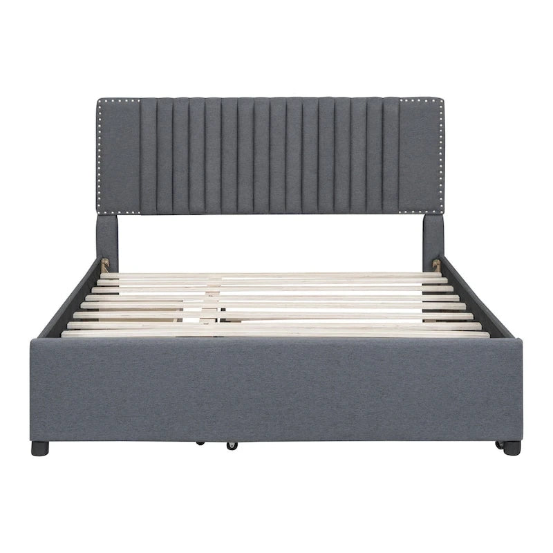 Linen Platform Bed – Gray / Beige, Foam Headboard, 2 Drawers & Trundle, Full / Queen, Sleeps 1