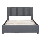 Linen Platform Bed – Gray / Beige, Foam Headboard, 2 Drawers & Trundle, Full / Queen, Sleeps 1