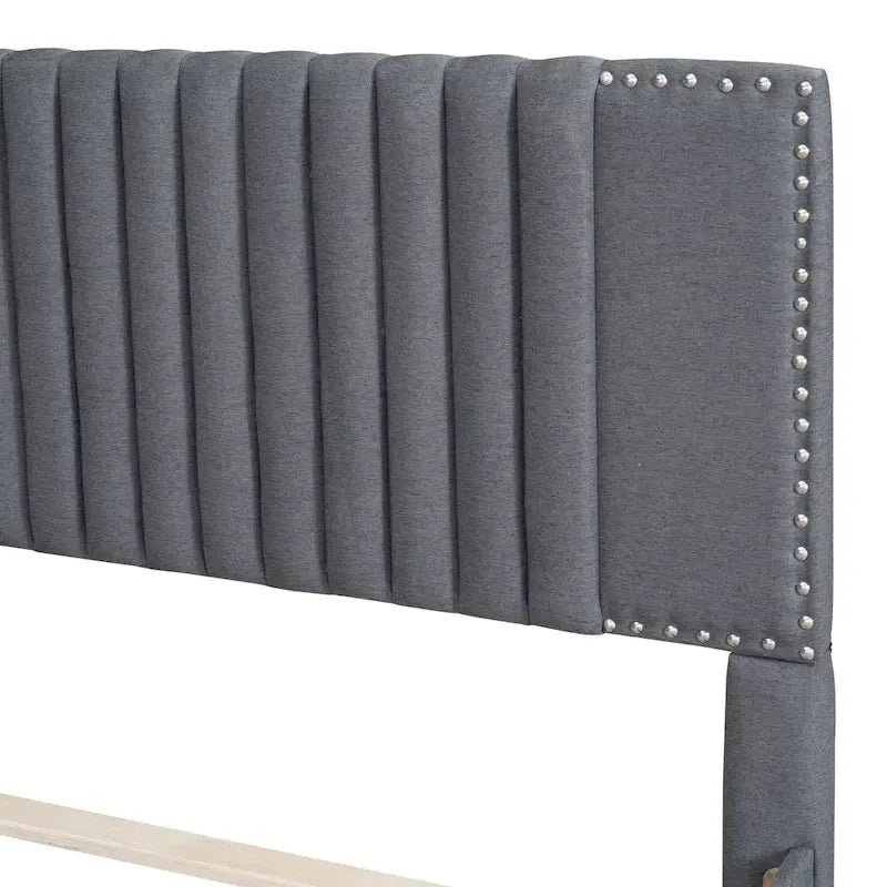 Linen Platform Bed – Gray / Beige, Foam Headboard, 2 Drawers & Trundle, Full / Queen, Sleeps 1