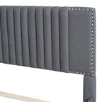 Linen Platform Bed – Gray / Beige, Foam Headboard, 2 Drawers & Trundle, Full / Queen, Sleeps 1