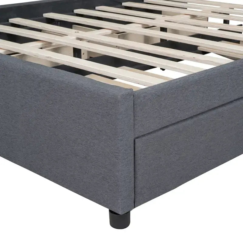 Linen Platform Bed – Gray / Beige, Foam Headboard, 2 Drawers & Trundle, Full / Queen, Sleeps 1