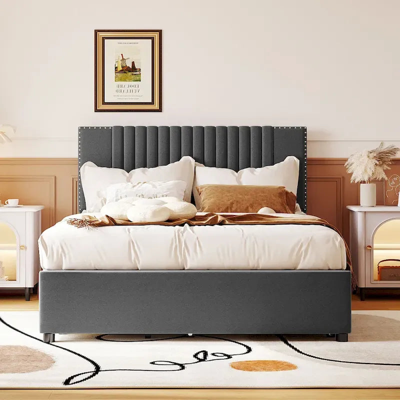 Linen Platform Bed – Gray / Beige, Foam Headboard, 2 Drawers & Trundle, Full / Queen, Sleeps 1
