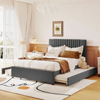 Linen Platform Bed – Gray / Beige, Foam Headboard, 2 Drawers & Trundle, Full / Queen, Sleeps 1
