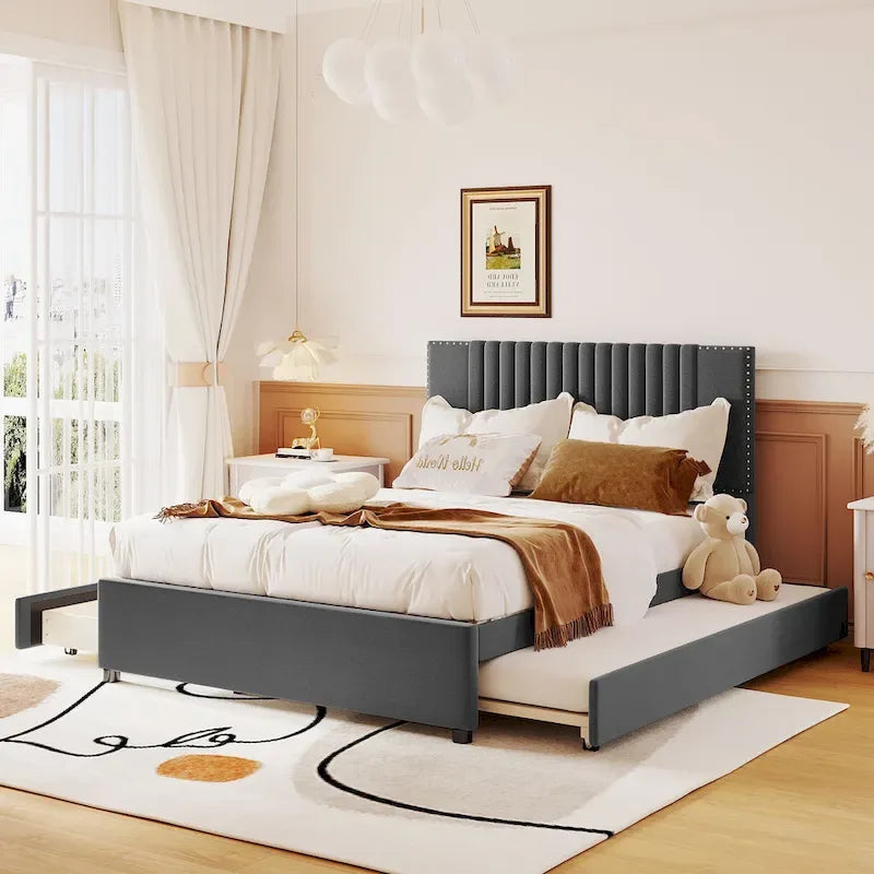 Linen Platform Bed – Gray / Beige, Foam Headboard, 2 Drawers & Trundle, Full / Queen, Sleeps 1