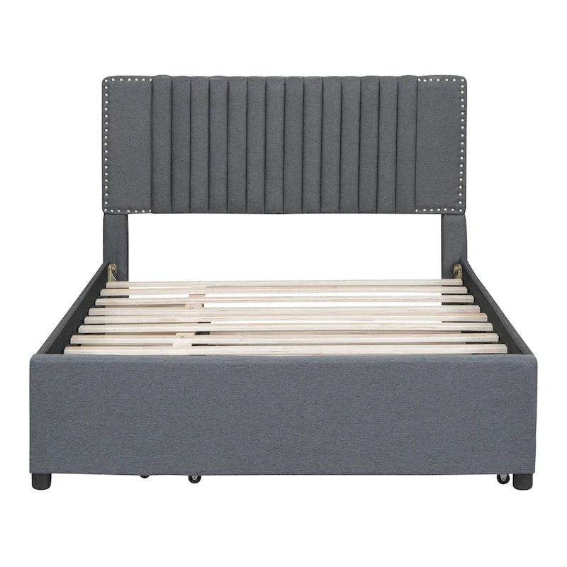 Linen Platform Bed – Gray / Beige, Foam Headboard, 2 Drawers & Trundle, Full / Queen, Sleeps 1