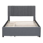 Linen Platform Bed – Gray / Beige, Foam Headboard, 2 Drawers & Trundle, Full / Queen, Sleeps 1