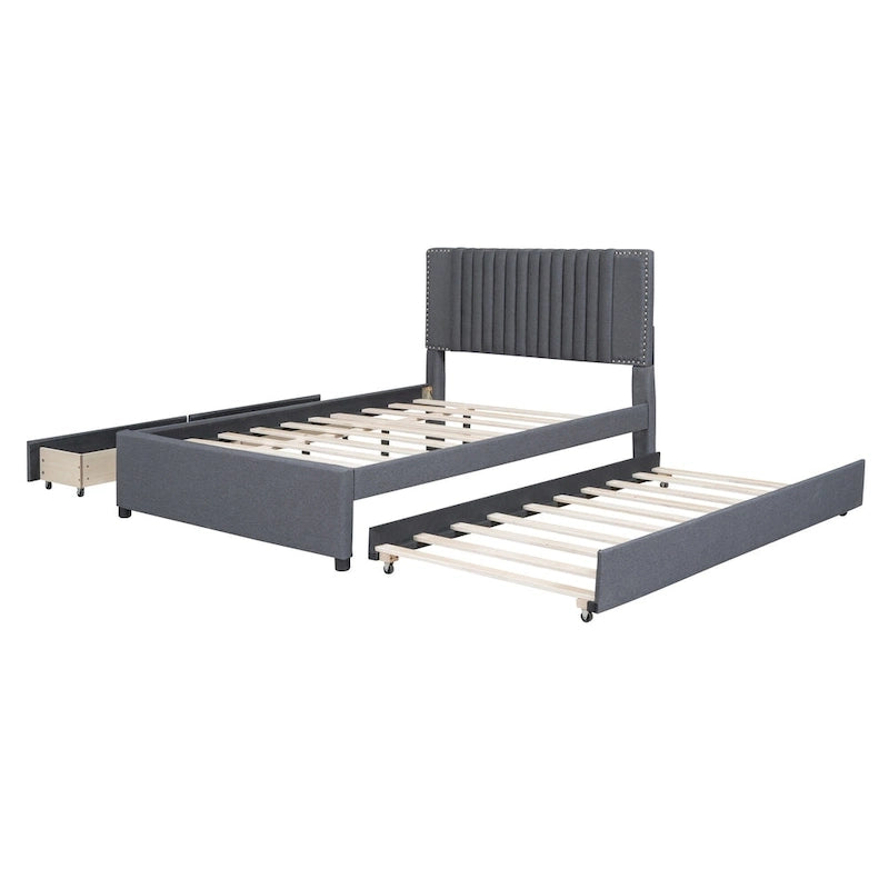Linen Platform Bed – Gray / Beige, Foam Headboard, 2 Drawers & Trundle, Full / Queen, Sleeps 1