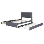 Linen Platform Bed – Gray / Beige, Foam Headboard, 2 Drawers & Trundle, Full / Queen, Sleeps 1