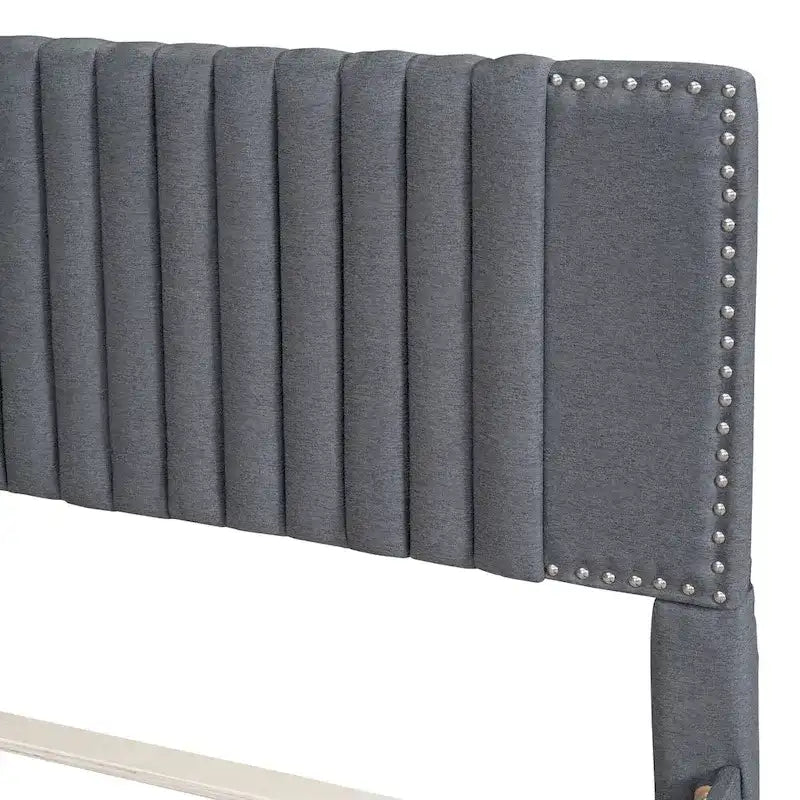 Linen Platform Bed – Gray / Beige, Foam Headboard, 2 Drawers & Trundle, Full / Queen, Sleeps 1