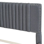 Linen Platform Bed – Gray / Beige, Foam Headboard, 2 Drawers & Trundle, Full / Queen, Sleeps 1