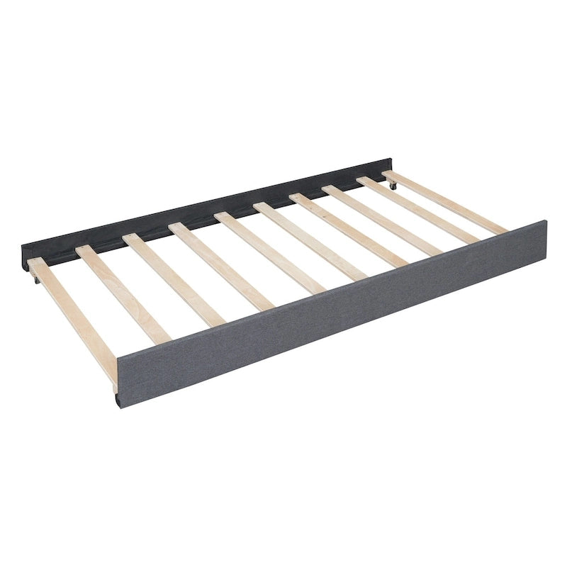 Linen Platform Bed – Gray / Beige, Foam Headboard, 2 Drawers & Trundle, Full / Queen, Sleeps 1