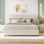 Linen Platform Bed – Gray / Beige, Foam Headboard, 2 Drawers & Trundle, Full / Queen, Sleeps 1