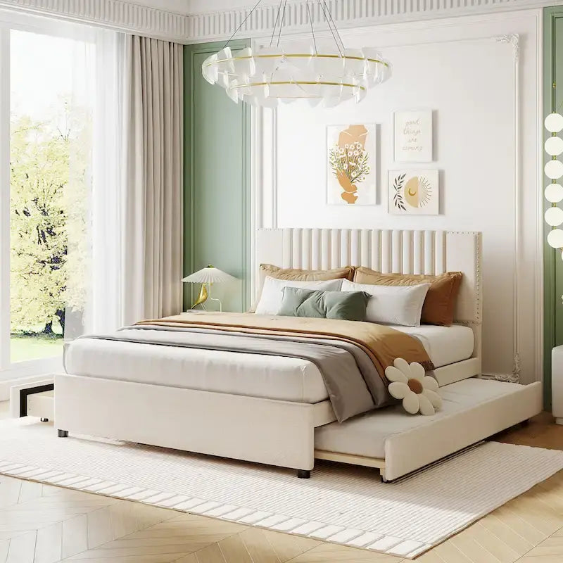 Linen Platform Bed – Gray / Beige, Foam Headboard, 2 Drawers & Trundle, Full / Queen, Sleeps 1