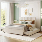 Linen Platform Bed – Gray / Beige, Foam Headboard, 2 Drawers & Trundle, Full / Queen, Sleeps 1
