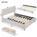 Linen Platform Bed – Gray / Beige, Foam Headboard, 2 Drawers & Trundle, Full / Queen, Sleeps 1