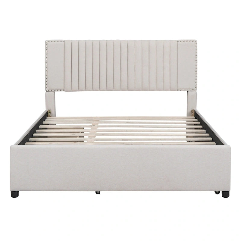 Linen Platform Bed – Gray / Beige, Foam Headboard, 2 Drawers & Trundle, Full / Queen, Sleeps 1